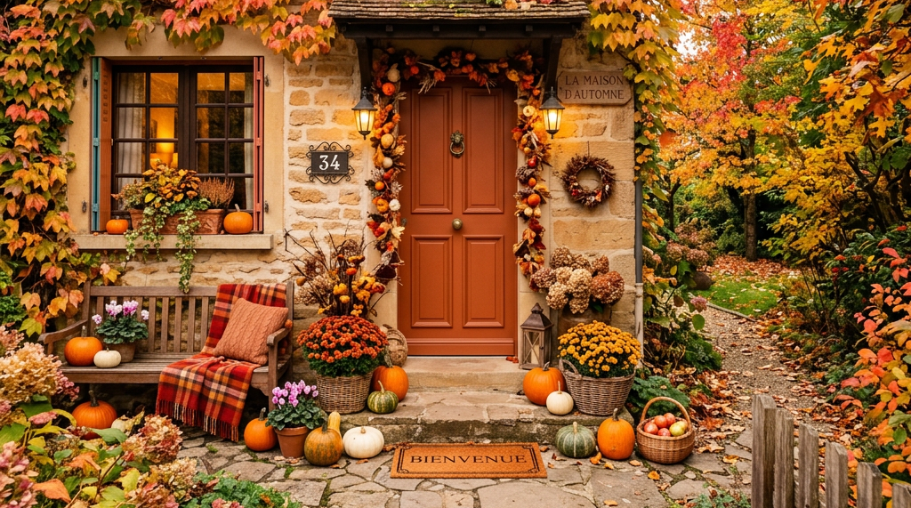 Autumn cottage entrance with text “LA MAISON D’AUTOMNE,” “34,” and “BIENVENUE”